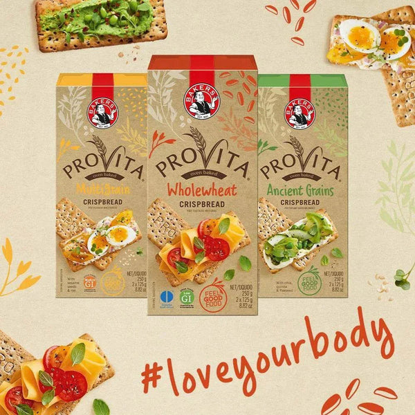 Bakers Provita biscuits - Wholewheat Crispbread 250g packaging with nutritional highlights and #loveyourbody message.