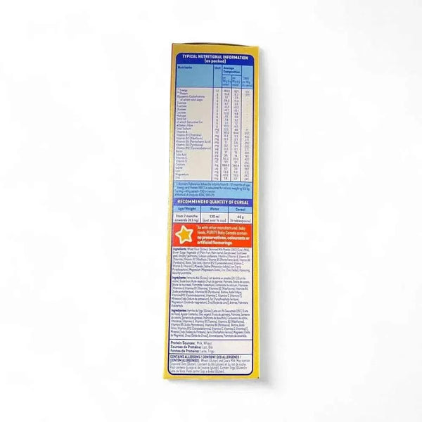 Purity Cereal with Milk and Honey 200g box nutritional information and usage instructions for baby cereal from 7 months plus