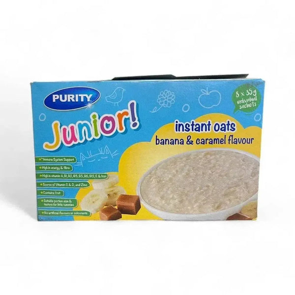 Purity Instant Oats Banana & Caramel 8x35g sachets nutritious breakfast for kids with real banana and caramel flavors