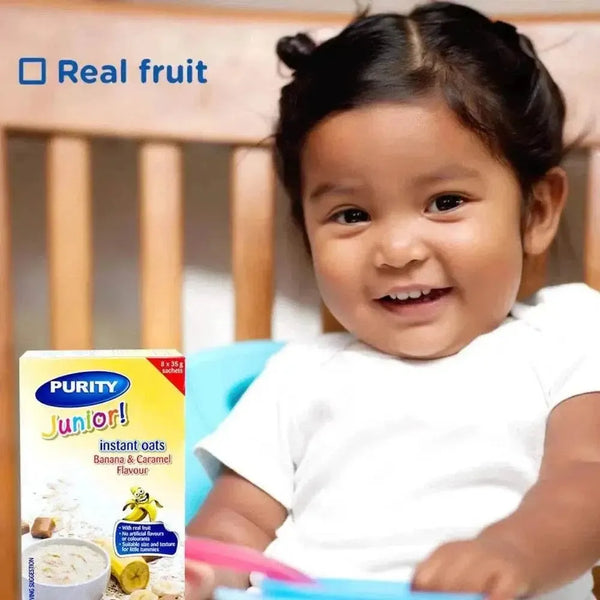 Purity Instant Oats Banana & Caramel 8x35g sachets nutritious breakfast with real banana and caramel flavors
