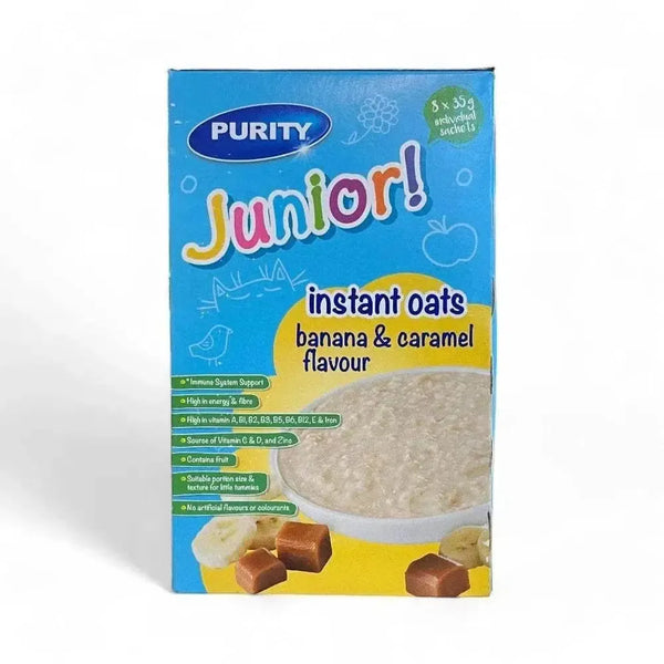 Purity Instant Oats Banana & Caramel 8x35g sachets nutritious breakfast for kids with real banana and caramel flavors