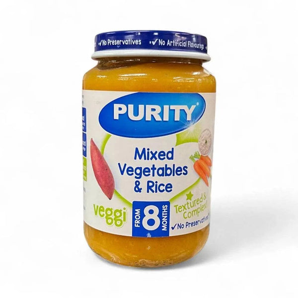 Purity baby food jar with mixed vegetables and rice for 8 months plus, no preservatives, textured complex puree