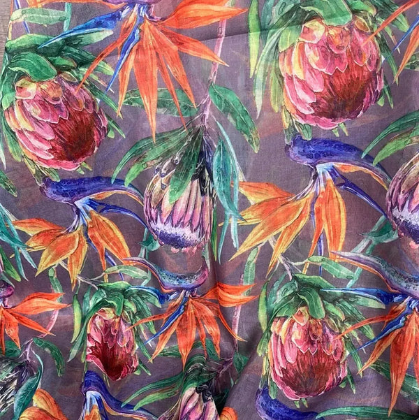 Scarf - Purple with Strelitzias and Proteas - Something From Home - South African Shop