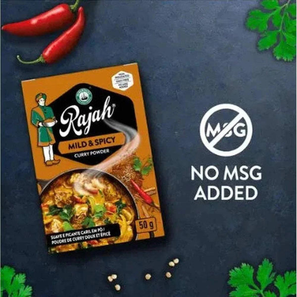 Rajah Curry Powder Mild & Spicy 100g pack on dark background with red chilies and herbs.