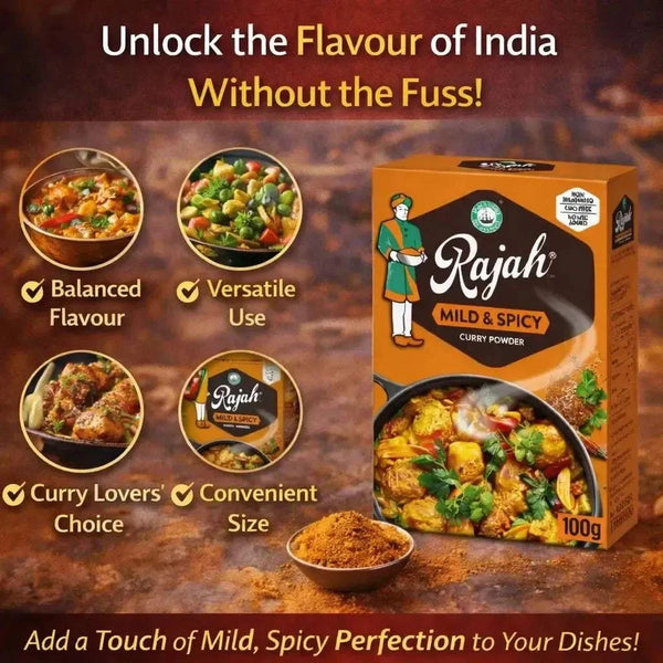 Rajah Curry Powder Mild and Spicy 50g pack for authentic Indian flavor