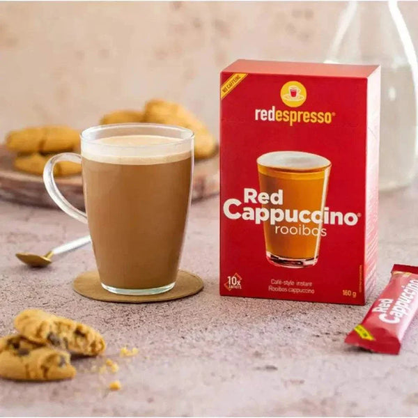 Box of 10 Red Espresso Cappuccino instant sachets with Rooibos flavor