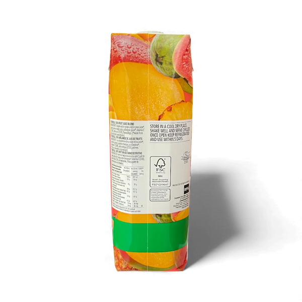 Rhodes 1 litre tropical fruit juice blend carton with apple, guava, mango, pineapple, no added sugar, high vitamin C