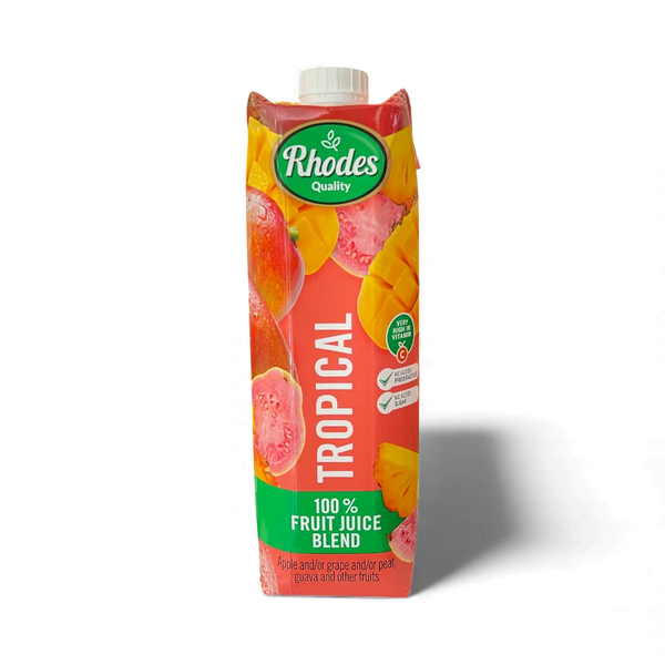 Rhodes Tropical fruit juice 1 litre carton with apple, guava, mango, pineapple blend, no added sugar, high Vitamin C