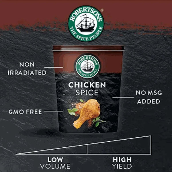 Robertsons Chicken Spice 1kg refill pack with non-irradiated, GMO-free, and no MSG features, ideal for South African cuisine.