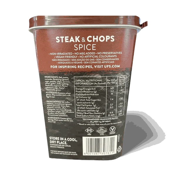 Robertsons Steak & Chops Spice 1kg rear label with ingredients nutrition and barcode