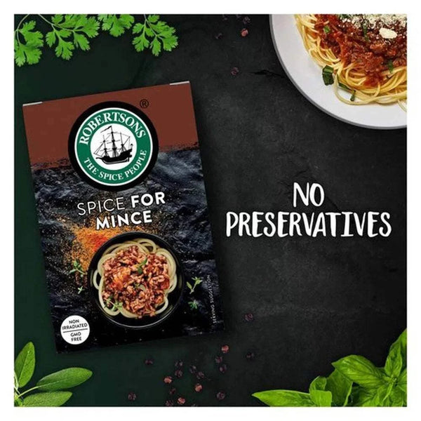 Robertsons Refill Spice for Mince 79g packaging with culinary herbs and pasta dish, no preservatives.