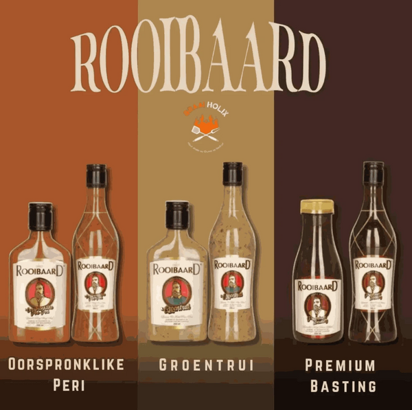 Rooibaard Original Peri Peri Sauce bottles displayed on a colorful background.