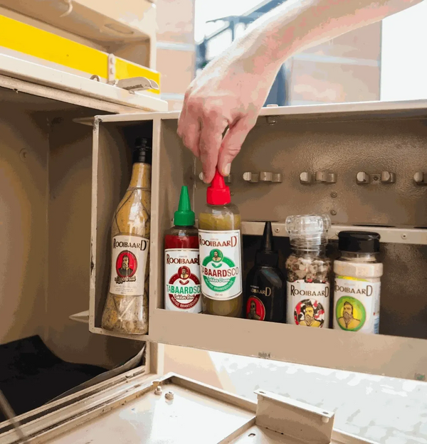 Rooibaard Tabaardsco Groen Sauce 250ml in cupboard with other seasonings.