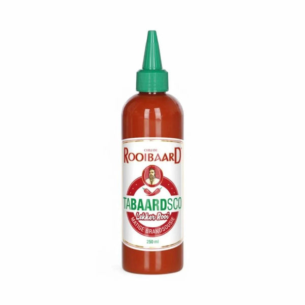 Rooibaard Tabaardsco Rooi Sauce 250ml bottle with green cap.