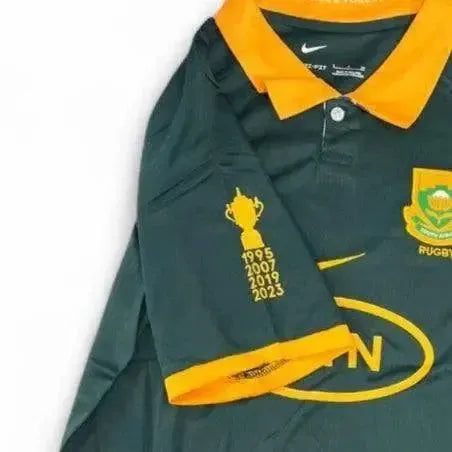 South African rugby supporter jersey in dark green with yellow collar and championship years on sleeve, made from breathable DRI-FIT fabric