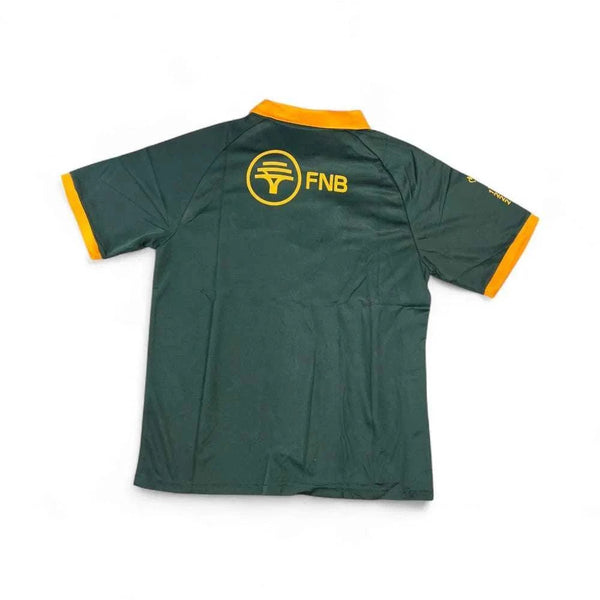 Dark green rugby supporter jersey with yellow collar and sleeve trim featuring FNB logo on the back, size X Large
