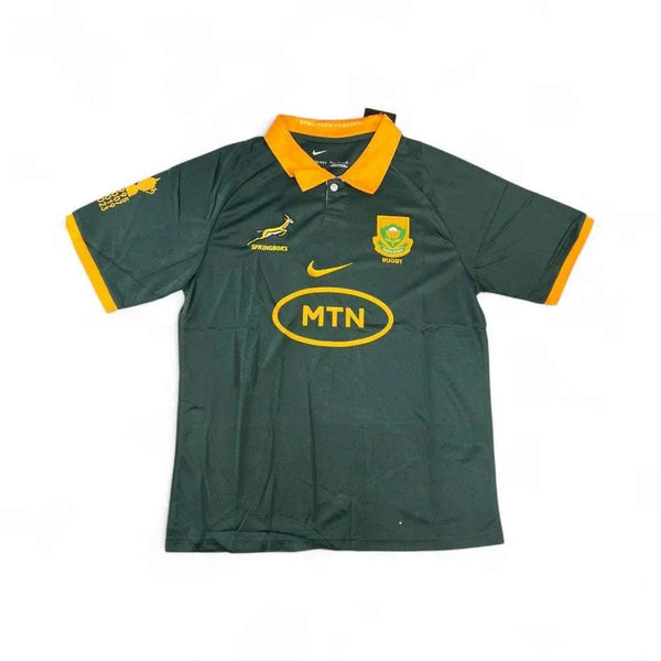 South African Rugby Supporter Jersey in dark green with orange collar and sleeve cuffs, featuring team logos and MTN sponsor, made with breathable DRI-FIT fabric, size X Large.