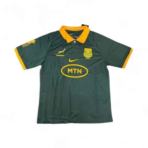 South African Rugby Supporter Jersey in dark green with orange collar and sleeve cuffs, featuring team logos and MTN sponsor, made with breathable DRI-FIT fabric, size X Large.
