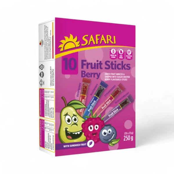 Safari Fruit Sticks Berry 10-pack with dried fruit, berry flavors, 250g packaging.