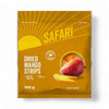 Safari Dried Mango Strips 100g package, naturally sweet, high in fiber, resealable pouch.