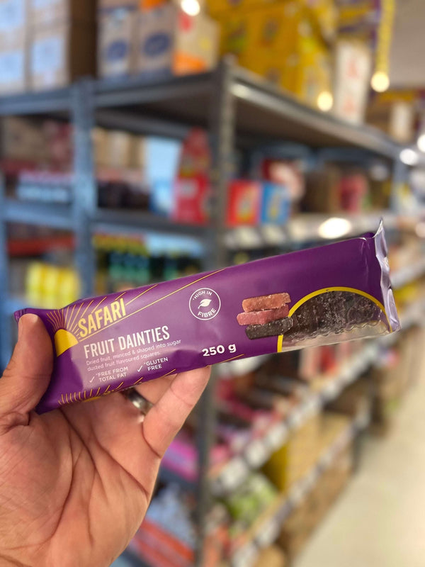 Safari Fruit Dainties Squares 250g box with assorted fruity, creamy coated snack squares