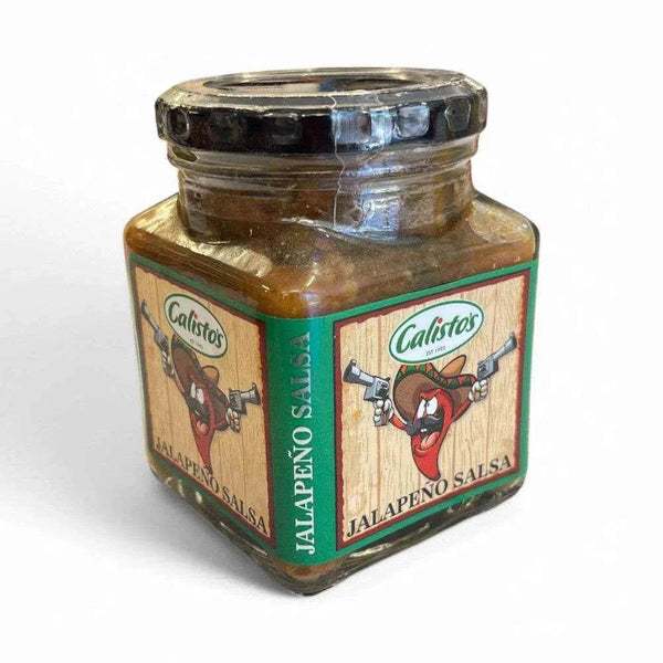 Calisto's Jalapeno Salsa 250ml jar with a bold, fiery flavor made from fresh jalapenos, tomatoes, and spices.