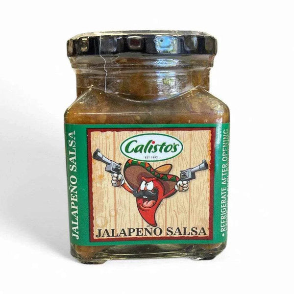 Calisto's Jalapeno Salsa 250ml jar with vibrant label, highlighting fiery and zesty salsa blend.