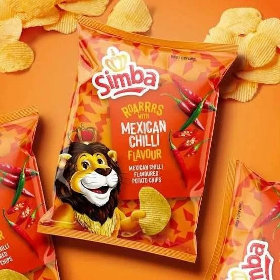 Simba Mexican Chilli 120g potato chips bag with spicy chili flavor and lion mascot on orange background