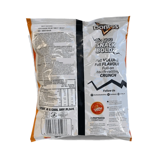 Simba Doritos Supreme Cheese 70g bag showing bold cheese flavour corn chips packaging back