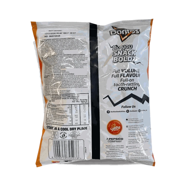 Simba Doritos Supreme Cheese 70g bag showing bold cheese flavour corn chips packaging back