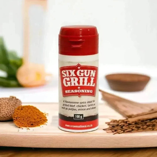 Crown National Six Gun Grill Spice Shaker 100g with unique celery, onion, paprika, cumin, and cayenne blend for grilling and cooking