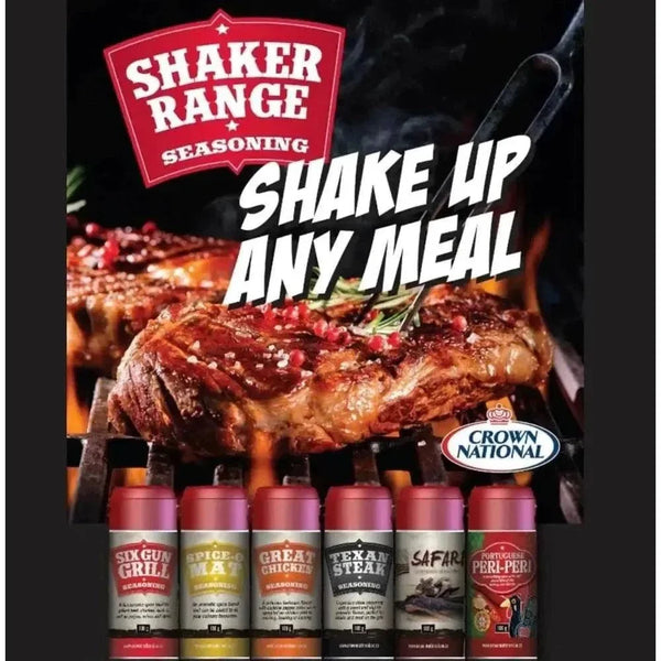 Crown National Six Gun Grill Spice Shaker 100g with celery, onion, paprika, cumin, cayenne pepper blend