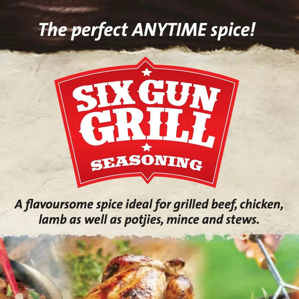 Six Gun Grill Seasoning package displaying spices for grilled meats and stews.