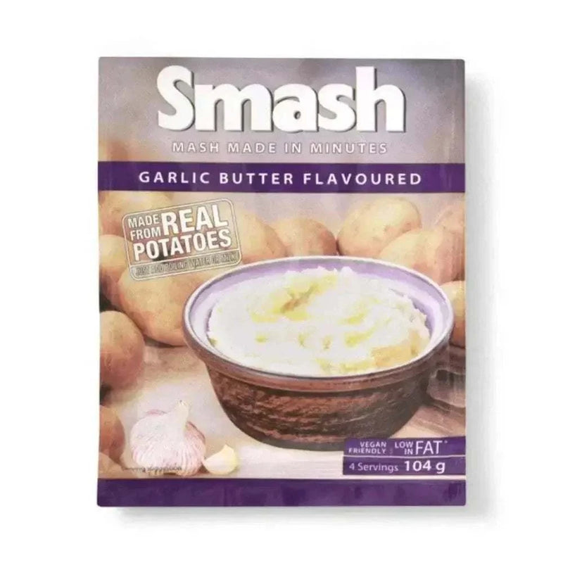 Smash Instant Mash Potato Garlic Butter 104g packet with real potatoes, vegan-friendly, low-fat.