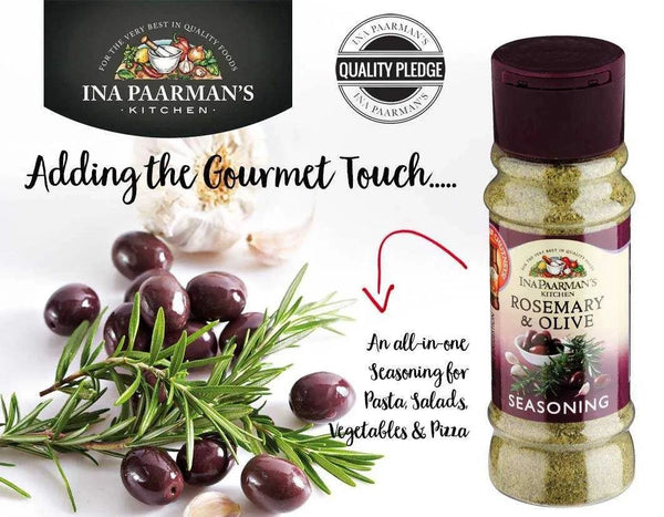 Ina Paarman Rosemary & Olive 200ml seasoning with herbs and spices, ideal for roasted veggies and pizza.