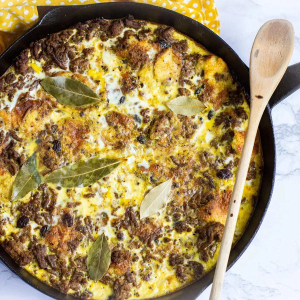 Bobotie dish in a skillet made with Royco Cook-in-Sauce.