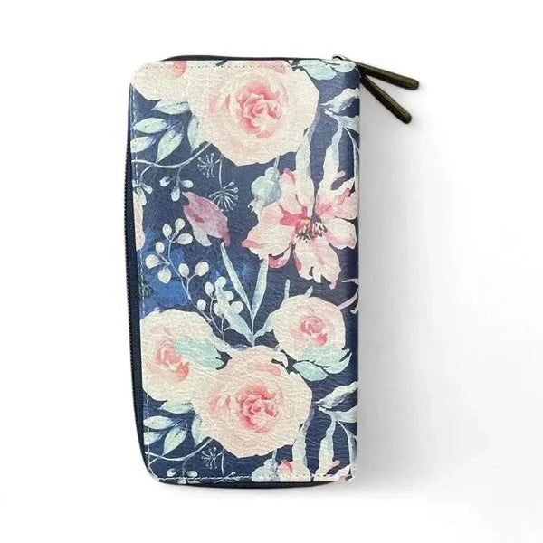 Cotton Road Large Wallet navy blue PU leather with pink floral design and double zip compartments