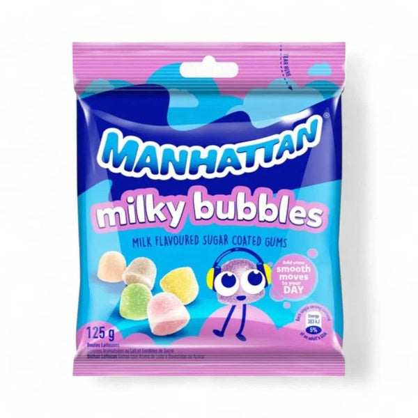 Manhattan Milky Bubbles - 125g milk-flavored sugar-coated chewy gums packaging.
