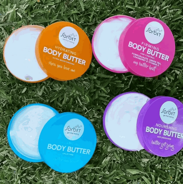 Nourishing Sorbet Body Butter 400ml with dragon fruit and argan oil, enhancing skin care routine.