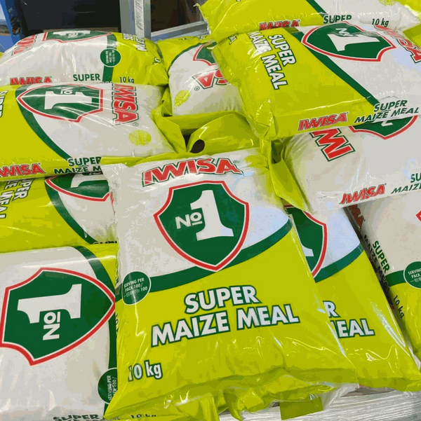 10kg IWISA Super Maize Meal bags displayed, authentically South African product, rich in nutrients, perfect for cooking.