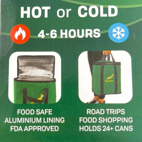 Springbok Insulated Cooler Bag, 35x17 cm, reusable insulated bag for food and drinks, keeps items hot or cold 4-6 hours, holds 24+ cans, durable zip and straps, official South African Rugby Union product