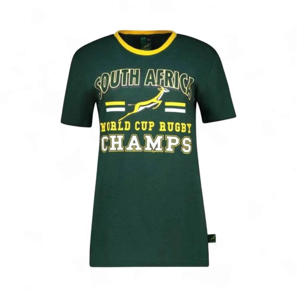 Springbok Official Licensed Supporter T-Shirt in dark green with South Africa and World Cup Rugby Champs text, cotton fabric, 2XL size