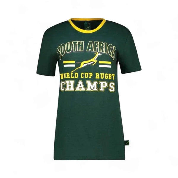 Springbok Official Licensed Supporter T-Shirt in dark green with South Africa and World Cup Rugby Champs text, cotton fabric, 2XL size