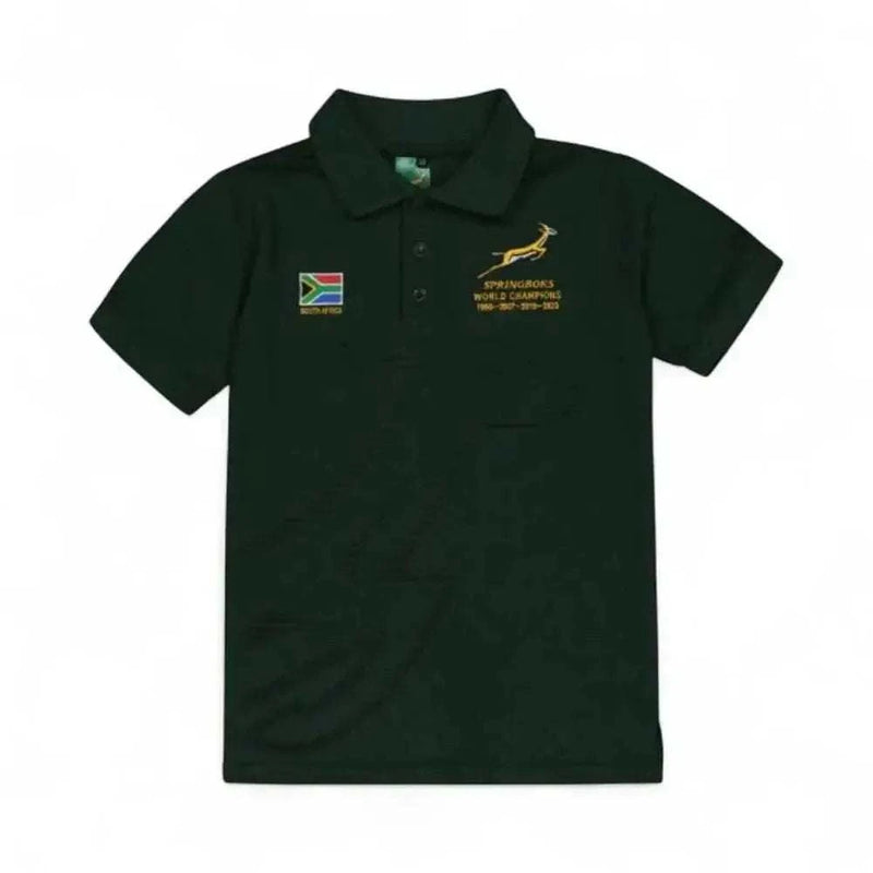 Green Springbok Official Licensed Supporter T-Shirt with South African flag and Springbok logo embroidered on chest, made of 100% cotton