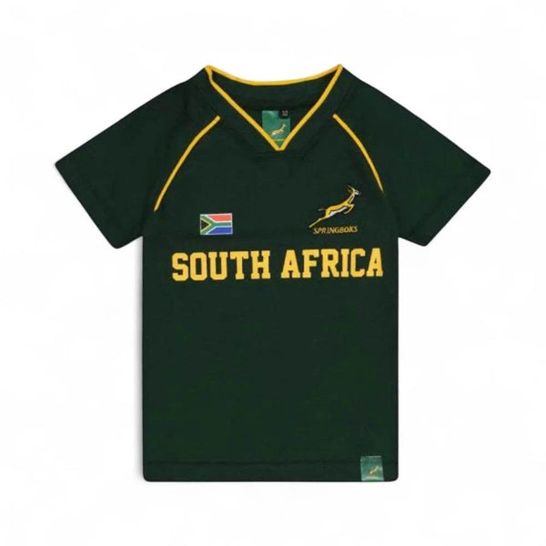 Springbok Official Licensed Supporter T-Shirt in green with South Africa text, Springbok logo, and flag design