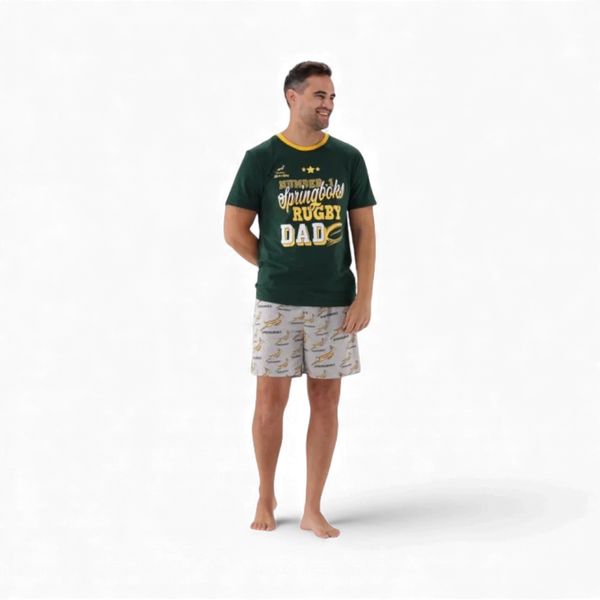 Man wearing 2XL Springbok Pajama Set with green rugby dad shirt and logo shorts