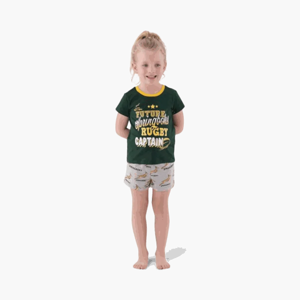Child wearing Springbok Pajamas kids set with "Future Springbok Rugby Captain" green top and logo shorts