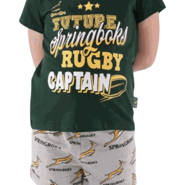 Springbok pajamas kids set with green rugby captain top and white shorts with Springbok logos