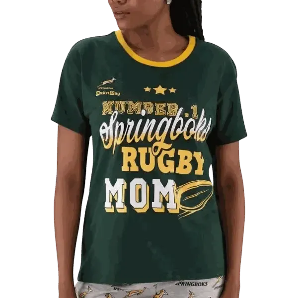 Springbok Pajamas women's set with green short sleeve top and grey shorts featuring rugby mom print and Springbok logos