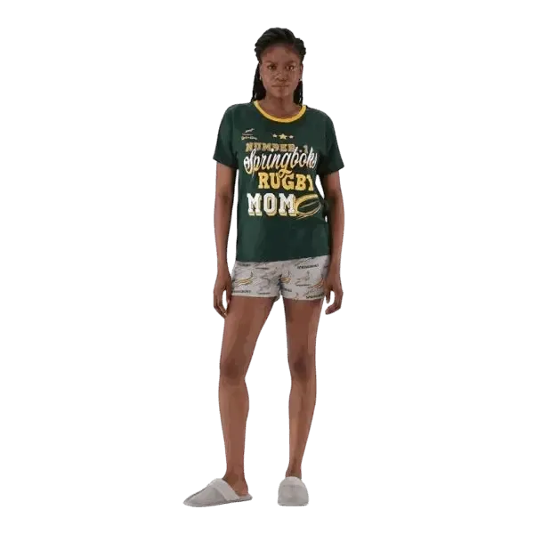 Springbok Pajamas women’s rugby mom set with green short sleeve top and grey shorts in X-Large size
